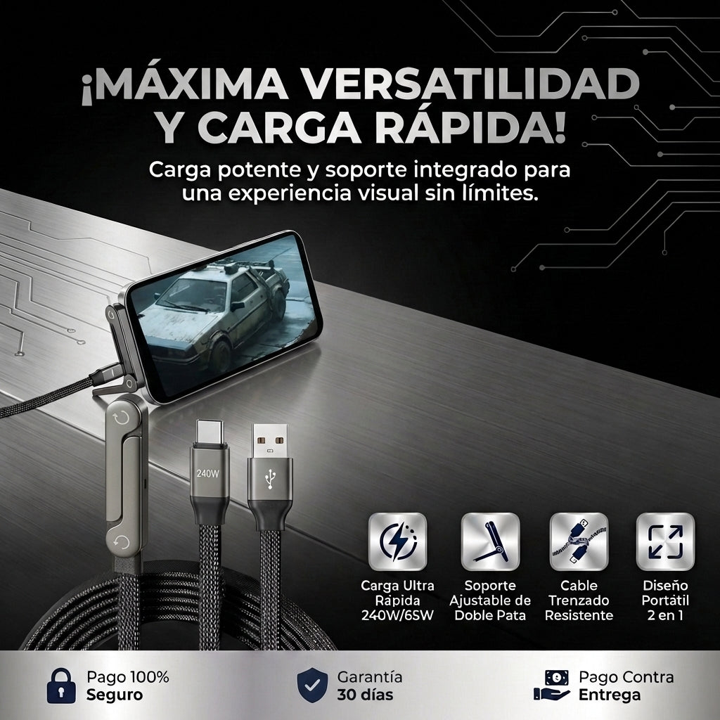 CABLE USB-C 240W CON SOPORTE PLEGABLE PARA TELÉFONO | TECHSTAND™